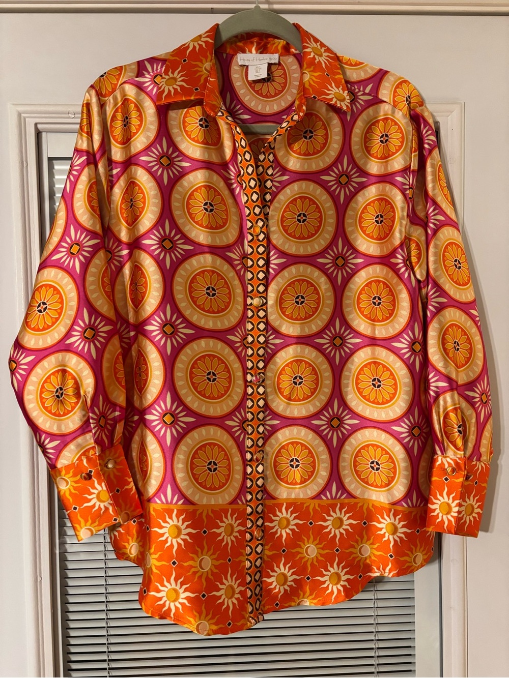 House of Harlow 1960 Orange & Pink Geometric Silk Button-Down Shirt